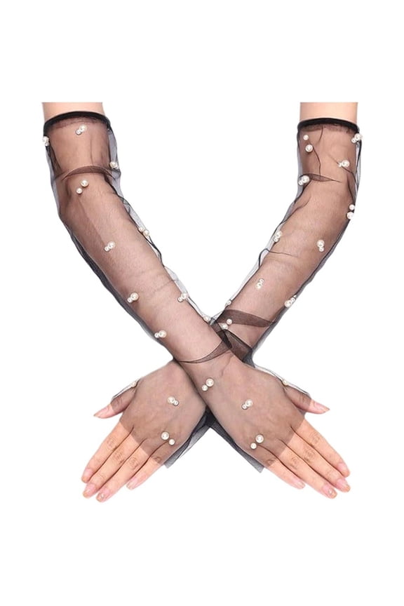 Fingerless Sheer Gloves with Pearls Wedding Gloves Mesh Tulle Long Gloves Pearl Bridal Gloves for Wedding Opera Tea Party