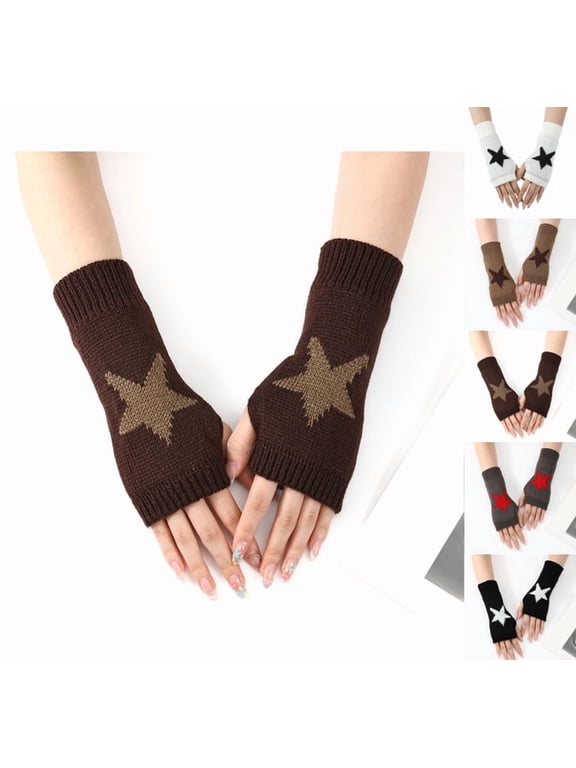 Fingerless Star Knitted Gloves with Thumb Hole for Women, Y2K Wrist Warmers for Winter Typing, Soft & Stylish Mittens Coffee One Size