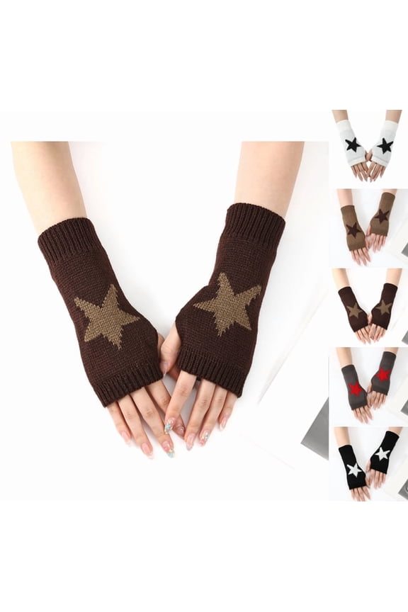 Fingerless Star Knitted Gloves with Thumb Hole for Women, Y2K Wrist Warmers for Winter Typing, Soft & Stylish Mittens Coffee One Size