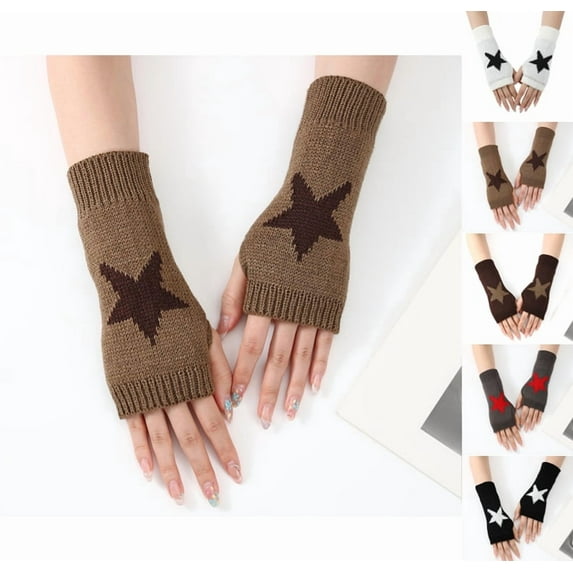 Fingerless Star Knitted Gloves with Thumb Hole for Women, Y2K Wrist Warmers for Winter Typing, Soft & Stylish Mittens Khaki One Size