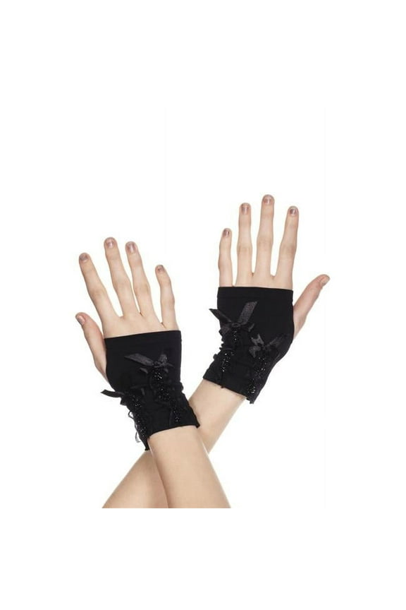 Fingerless gloves with ribbon lacing 485-BLACK