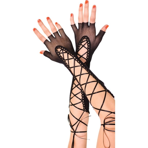 Fingerless lace up fishnet elbow length warmer 433-BLACK