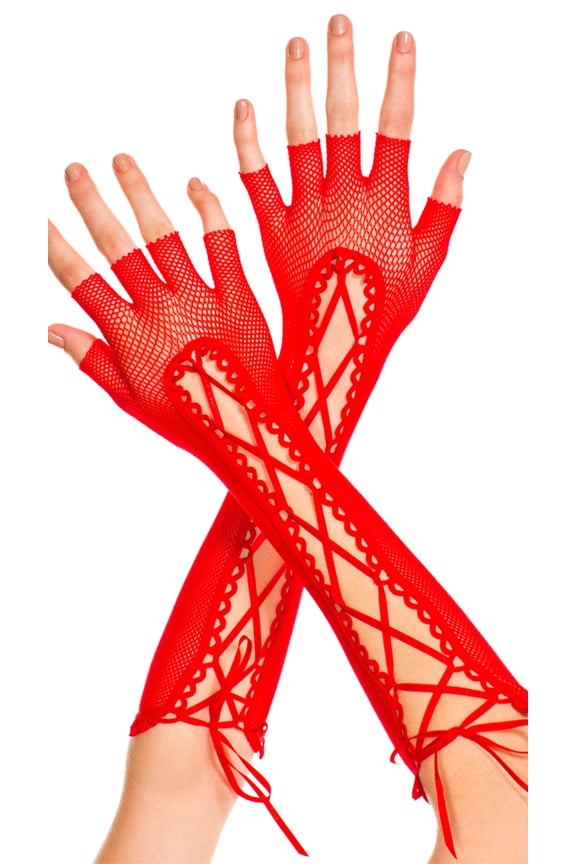Fingerless lace up fishnet elbow length warmer 433-RED
