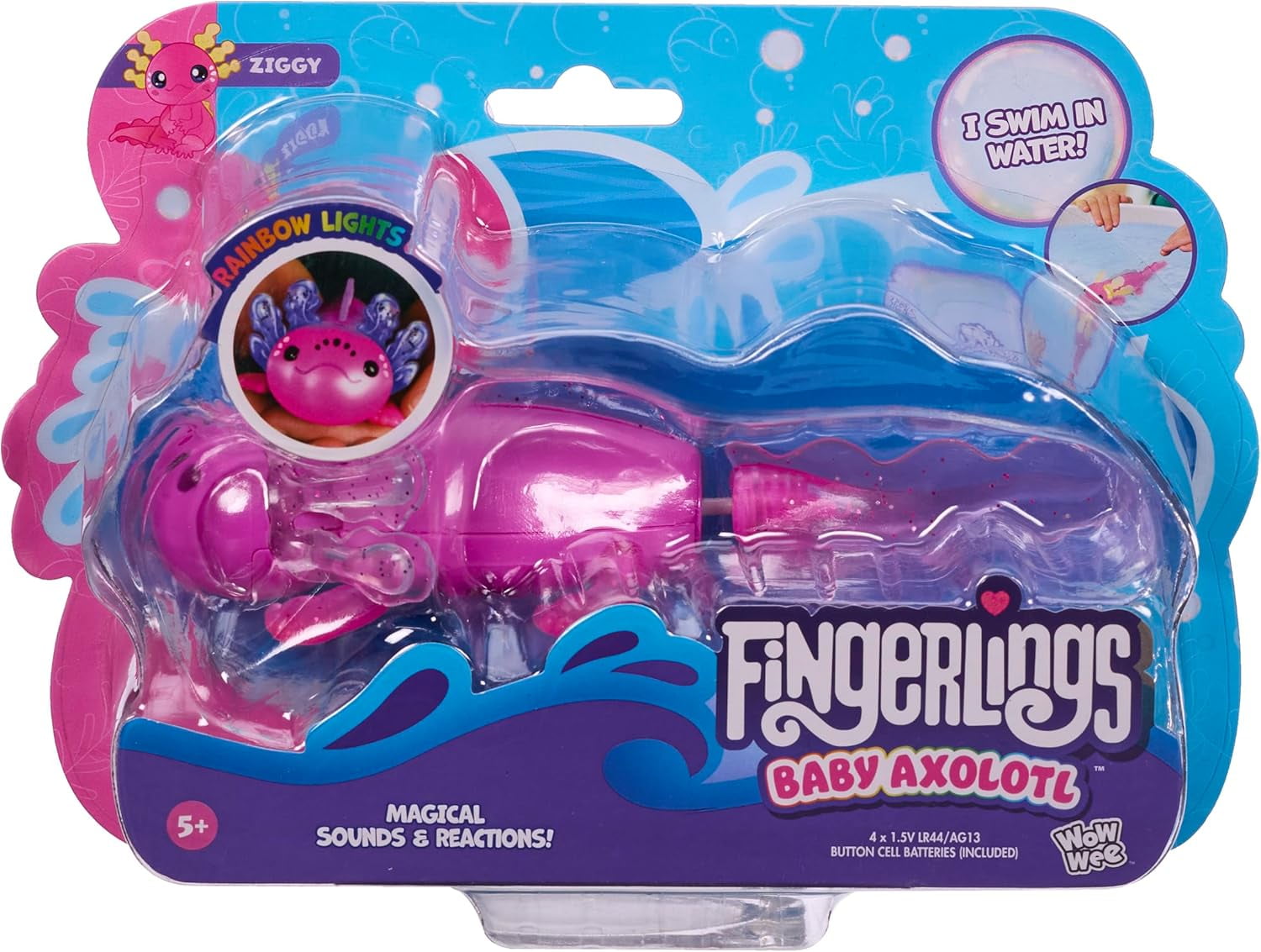 Fingerlings Interactive Baby Axolotl, Ziggy (Magenta), Swims