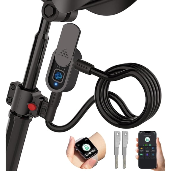 Fingerprint Bike Lock with Key, Heavy Duty Anti-Theft Weatherproof Keyless Bluetooth App Biometric Smart Cable Lock for Bicycle Scooter Accessories Outdoor Fence Gate Snowboard Ski