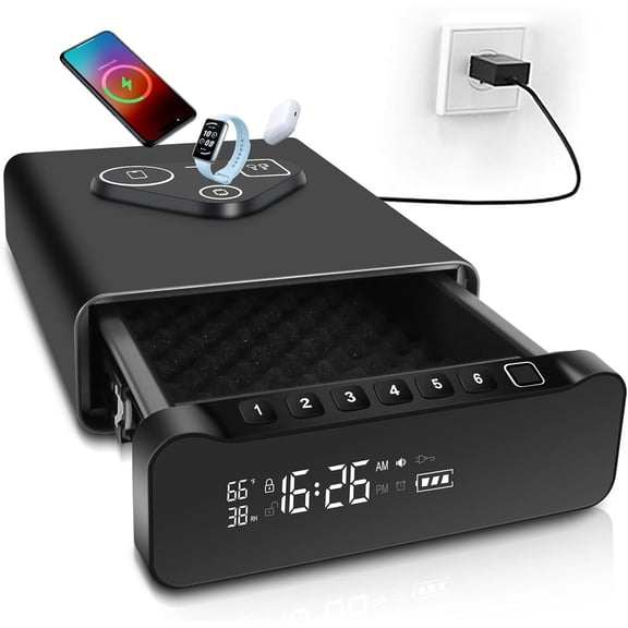 Fingerprint Biometric Gun Safe, Clock Handgun Safe with 3-in-1 Watch & Phone Wireless Charging, Drawer Lock for Hand guns, Cash, Valuables- with Humidity |Temperature| Alarm Clock| Time