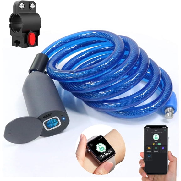 Fingerprint Cable Lock, 4.9FT Long Heavy Duty Anti Theft Bike Lock, Weatherproof Keyless Biometric Bluetooth App Smart Lock for Bicycle Scooter Lawnmower Skateboard Snowboard Ski - Dark Blue