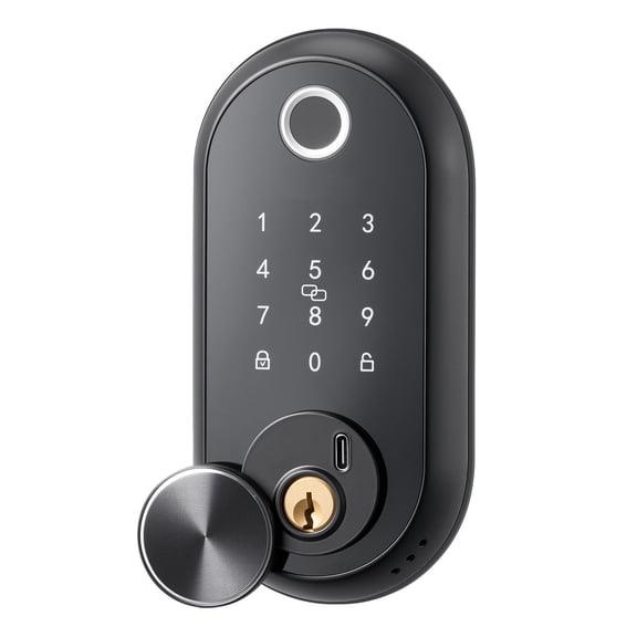 Fingerprint Deadbolt with Handle, Touchscreen, Auto Lock, One-Time Code, Anti-Peeking, IC Card, Matte Black for Home