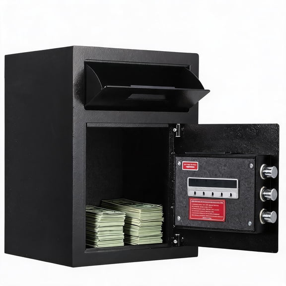 Fingerprint Depository Safe Box with Drop Slot, Keypad and Backup Key, for Home Office Cash, Black