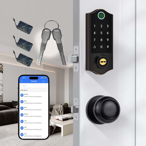 Fingerprint Door Lock with 2 Lever Handles - Keyless Electronic Keypad Entry Deadbolt & Front Door Sets, Auto Lock & 1 Touch Locking, Easy Installation Aged Bronze