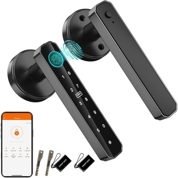 Fingerprint Door Lock, 5-in-1 Smart Door Knob, Keyless Entry with Passcode Keypad & Handle, APP Control for Bedroom, Office, Apartment (Black)