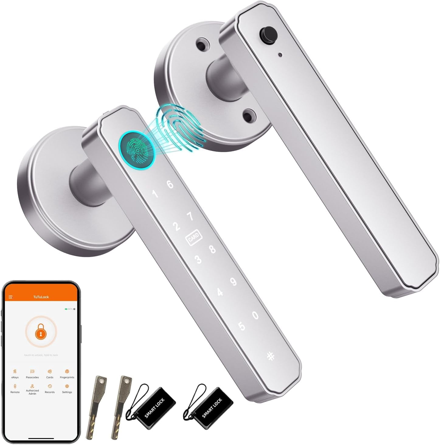 Fingerprint Door Lock, 5-in-1 Smart Door Knob, Keyless Entry with Passcode Keypad & Handle, APP Control for Bedroom, Office, Apartment (Silver)
