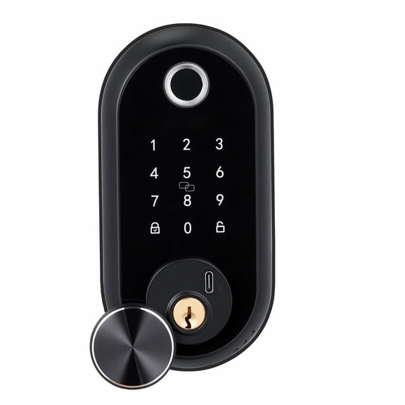 Fingerprint Door Lock, Electronic Keyless Deadbolt with Handle - Touchscreen, Auto Lock, One-Time Code, Anti-Peep, IC Card Access, Home Security - Matte Black