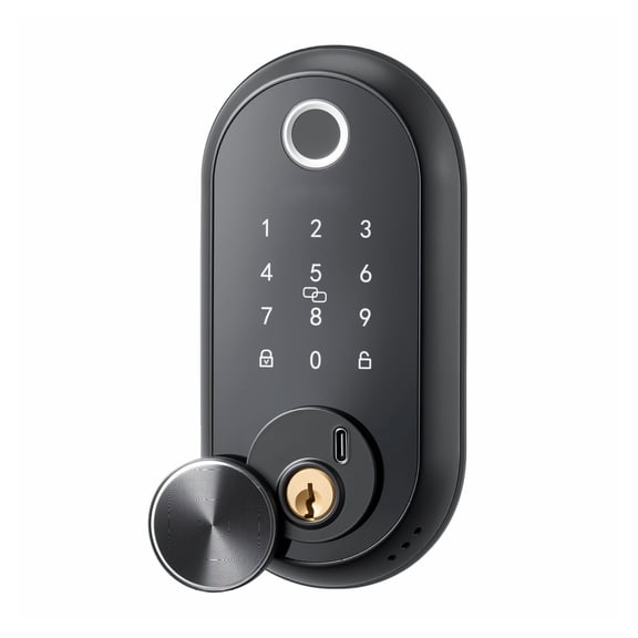 Fingerprint Door Lock, Electronic Keyless Deadbolt with Handle - Touchscreen, Auto Lock, One-Time Code, Anti-Peep, IC Card Access, Home Security - Matte Black