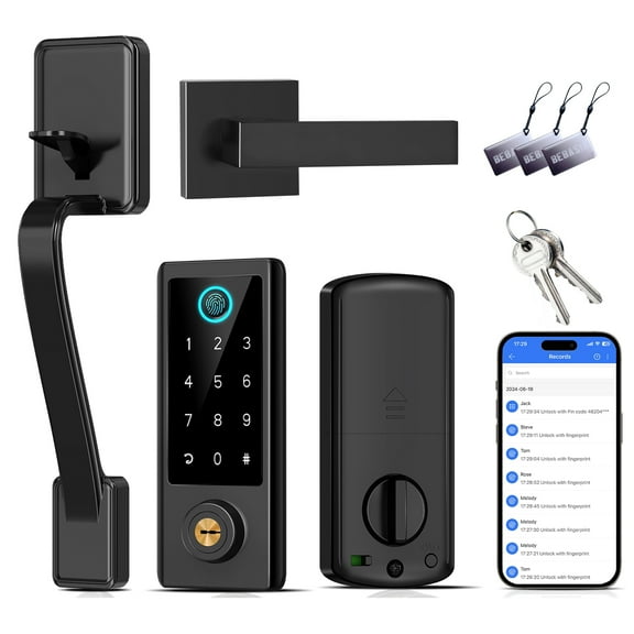 Fingerprint Door Lock for Front Door with Handle Set, App Control, Smart Keyless Entry Digital Electronic Keypad Touchscreen Deadbolt, Easy Install, Auto Lock, Black