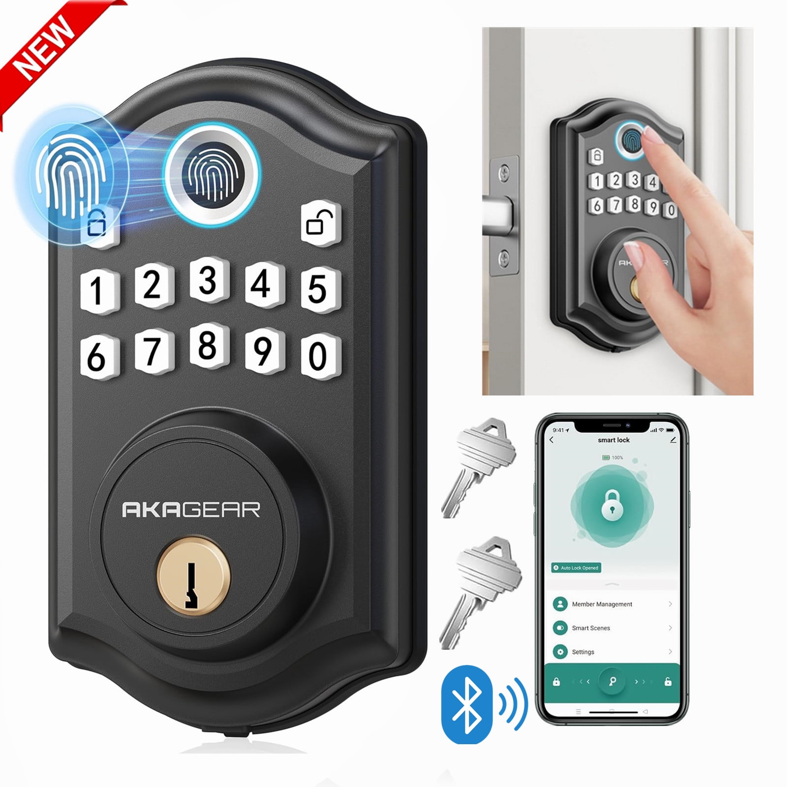 Fingerprint Door Lock, Keyless Entry Door Lock with APP Control, Security Smart Locks for Front Door, Electronic Deadbolt Lock, Auto Lock, Easy Installation, Black