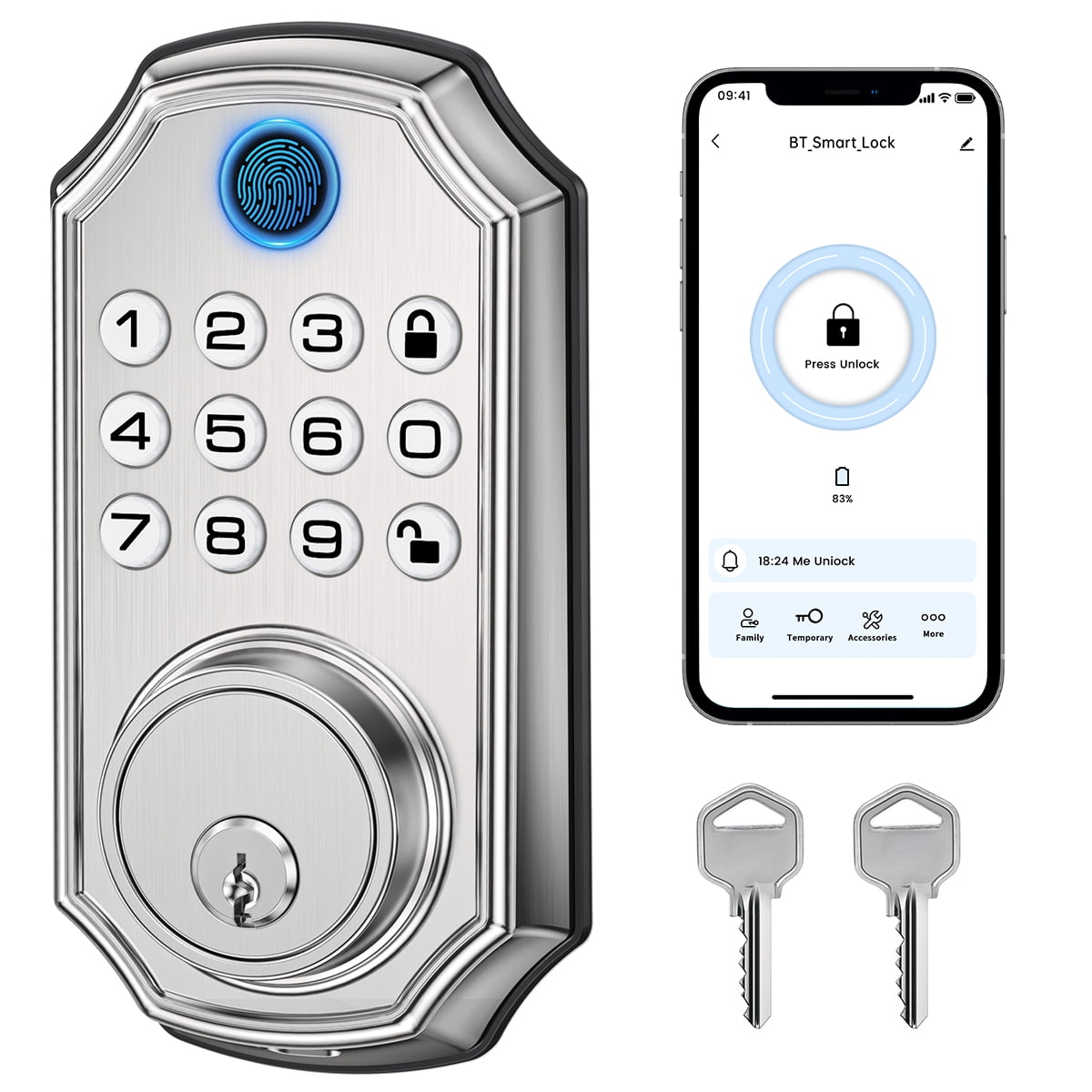 GPED Fingerprint Door Lock, Keyless Entry Door Lock with APP Control, Smart Locks for Front Door, Deadbolt Lock with 50 User, Auto Lock, IP 66 Waterproof, Easy Installation, Silver