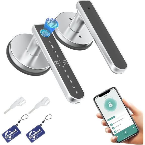 Fingerprint Door Lock, Smart Door Knob 5-in-1 with App Control & Standalone Mode, Keyless Entry with Fingerprint, Keypad Code, IC Card & Keys, Auto Lock, Silver