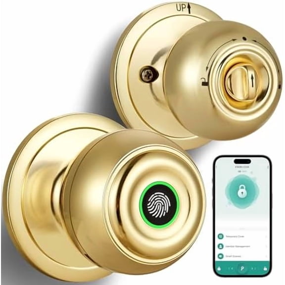 Fingerprint Door Lock, Smart Fingerprint Door Knob with Lock,Biometric Door Lock with App Control & Key, Keyless Thumbprint Entry Door Lock for Bedroom, Front Door, Home, Apartment Office-Satin Brass