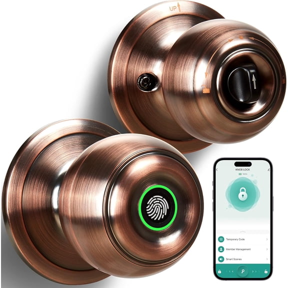 Fingerprint Door Lock, Smart Fingerprint Door Knob with Lock, Biometric Doors Locks with App Control & Key, Keyless Thumbprint Entry Door Locks for Bedroom, Front Door, Home-Antique Copper