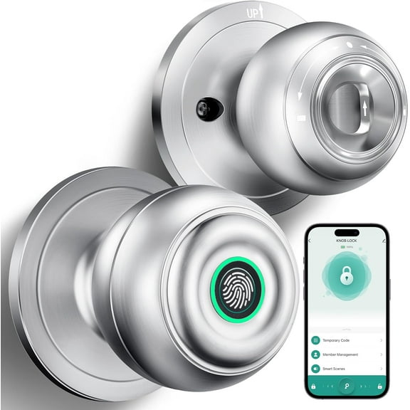 Fingerprint Door Lock, Smart Knob with Biometric Locks App Control & Key, Keyless Thumbprint Entry for Bedroom, Front Door, Home, Apartment-Silver