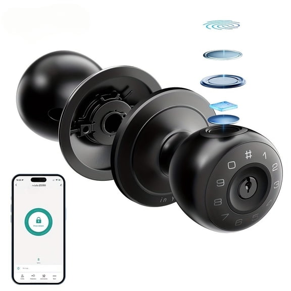 Fingerprint Door Lock with App Control and Keys, Smart Door Knob for Bedroom, Black