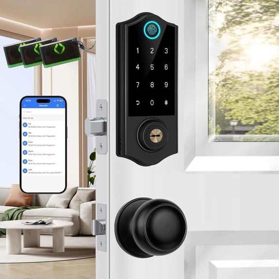 Fingerprint Door Locks for Front Door with Handle Set, App Control, Keyless Entry Door Lock Keypad Deadbolt, Digital Touchscreen, Easy Install, Auto Lock, Black