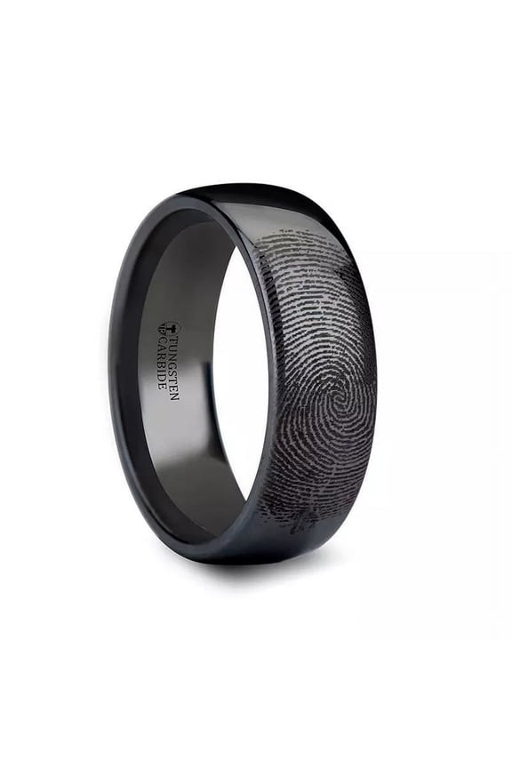 Fingerprint Engraved Domed Black Tungsten Ring Polished - 6mm - Size 12