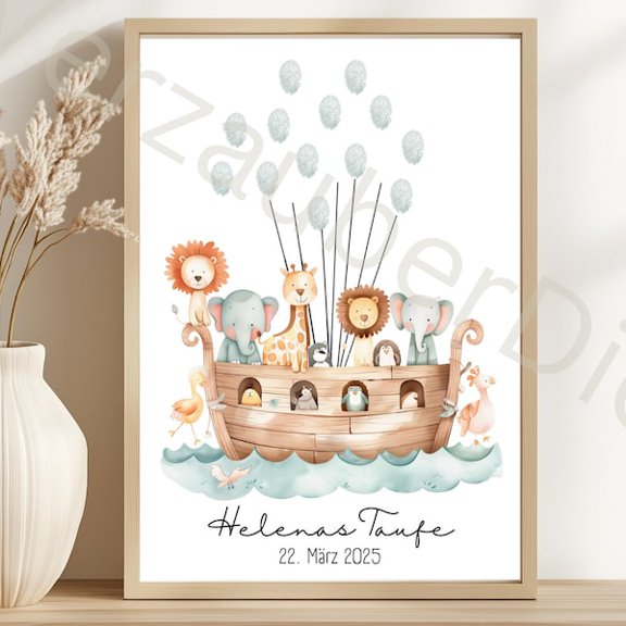 Fingerprint - Fingerprint poster baptism - Noah's Ark - file self-printing - Baptism, Canva, guest book, Unframed Paper Poster 8x10in