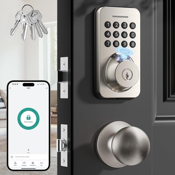 Fingerprint Keypad Deadbolt with Handle Set, Keyless Entry Door Lock, Door Locks for Front Door Lock Set, App Control, Auto Locking, Easy to Install, Satin Nickel
