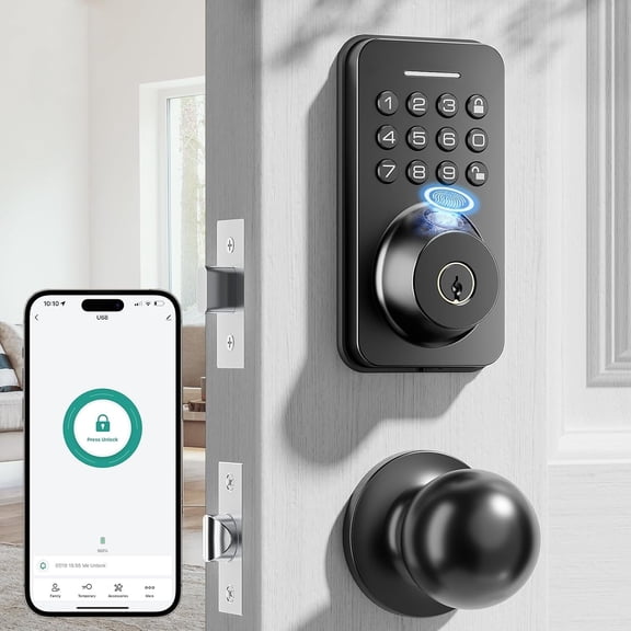 Fingerprint Keypad Deadbolt with Knob Set, Keyless Entry Door Lock with App Control, Door Locks for Front Door, Auto Lock&- Lock, 100+ User Codes&5 , Easy Installation, Matte Black