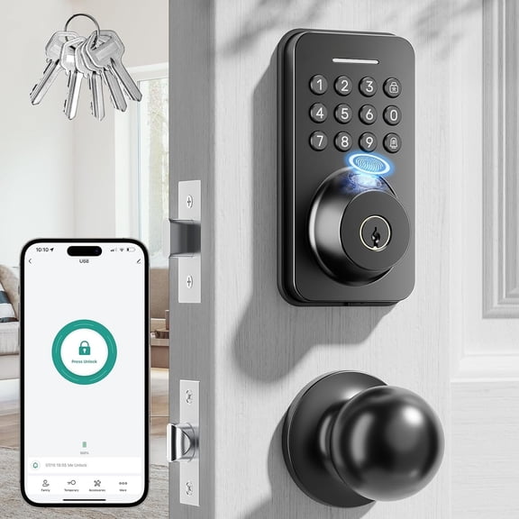 Fingerprint Keypad Deadbolt with Knob Set, Keyless Entry Door Lock with App Control, Door Locks for Front Door, Auto Lock&- Lock, 100+ User Codes&5 , Easy Installation, Matte Black