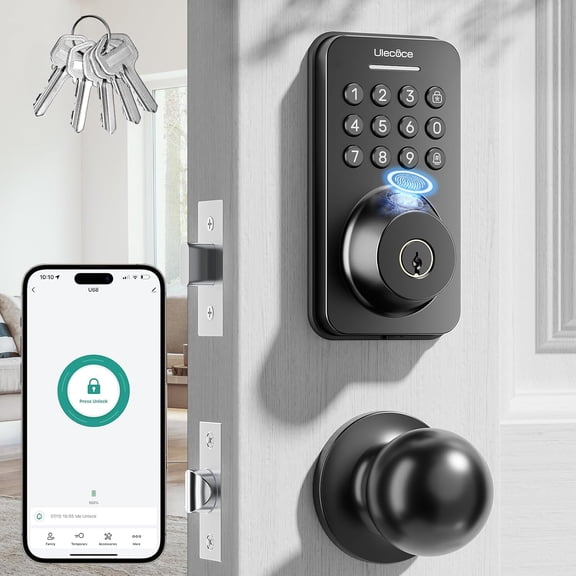 Fingerprint Keypad Deadbolt with Handle Set, Keyless Entry Door Lock, Locks for Front Lock App Control, Auto Locking, Easy to Install, Matte Black