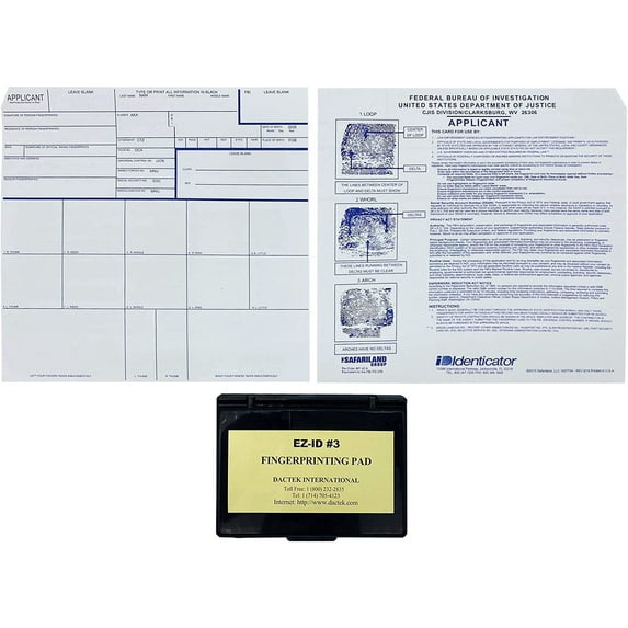 Fingerprint Kit Set - Dactek EZ ID3 Fingerprint Ink Pad EZ With ATF Fingerprint Cards - 20 FBI Fingerprint Cards FD-258