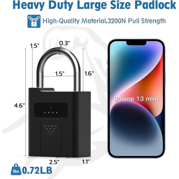 Fingerprint Padlock, Heavy Duty Smart Padlock with Key, Waterproof Bluetooth App Control, Outdoor Gate Lock for Fence, Shed, Storage, Gym Locker