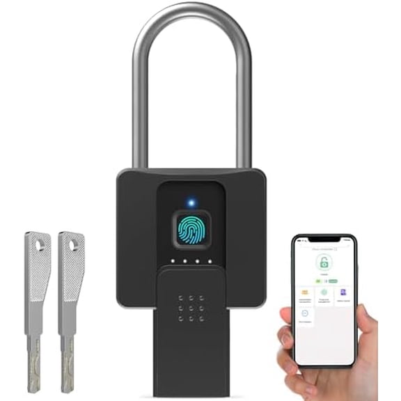 Fingerprint Padlock with Key Backup, Weatherproof Biometric Bluetooth App Controlled Keyless Smart Electronic Long Shackle Combination Lock for Outdoor Fence Gate Pool Shed Gym Locker Yard