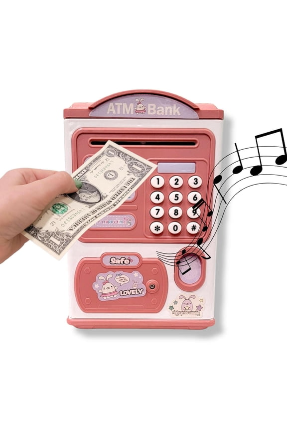 Fingerprint Piggy Bank Automatic Roll Money Coin Entry With Light, Sound Pink