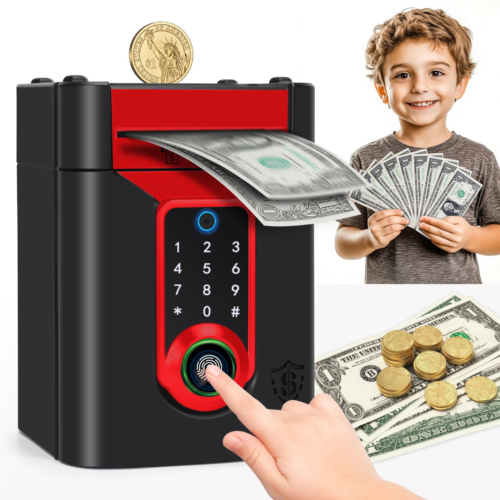 Fingerprint Piggy Bank for Kids, Touchscreen Money Bank Toys for 4 5 6 ...