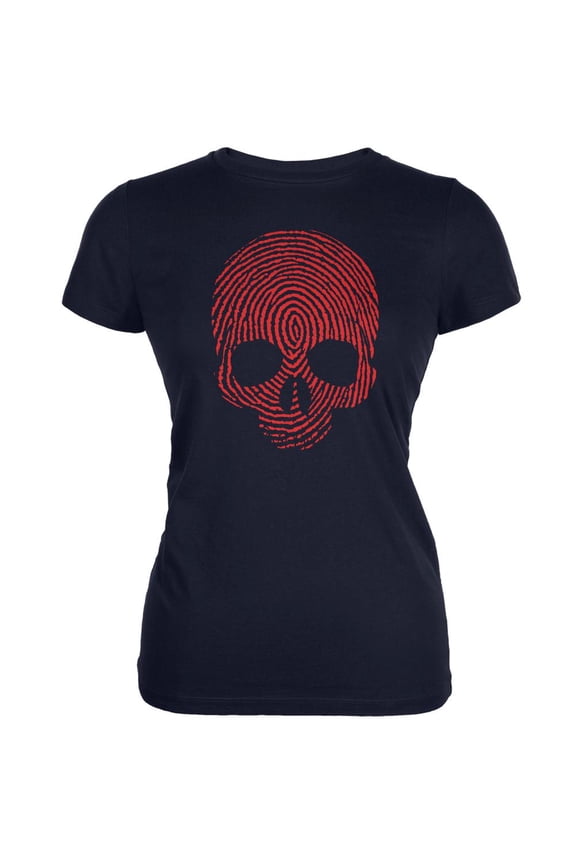 Fingerprint Skull Navy Juniors Soft T-Shirt - Large