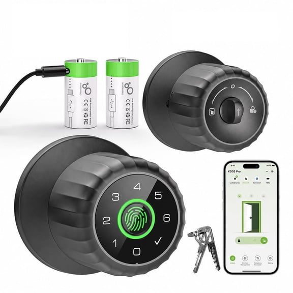 Smart Fingerprint Door Knob, 4-in-1 Keyless Entry Biometric Door Lock with App Control, Keypad and 2 Rechargeable Batteries, Electronic Lock for Bedroom, Home Office, Hotel