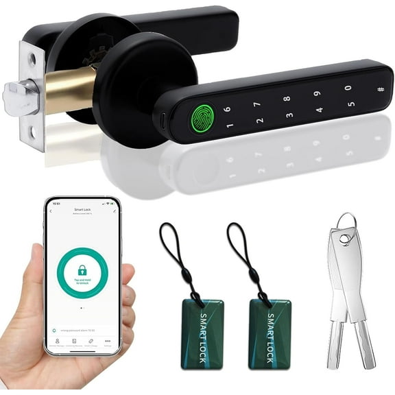 Fingerprint Smart Door Lock, Keyless Entry, App, Code, Backup Key, Biometric Door Knob with Handle