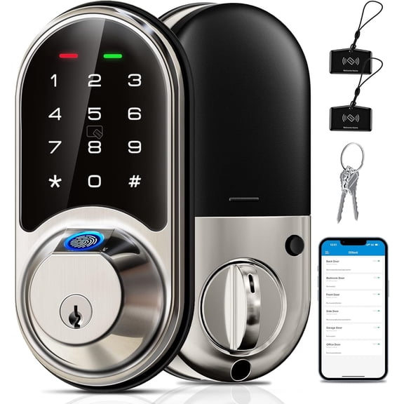 Fingerprint Smart Lock, 7-in-1 Smart Locks for Front Door, Keyless Entry Door Lock with App Control, Biometric Electronic Touchscreen Keypad Deadbolt, Satin Nickel