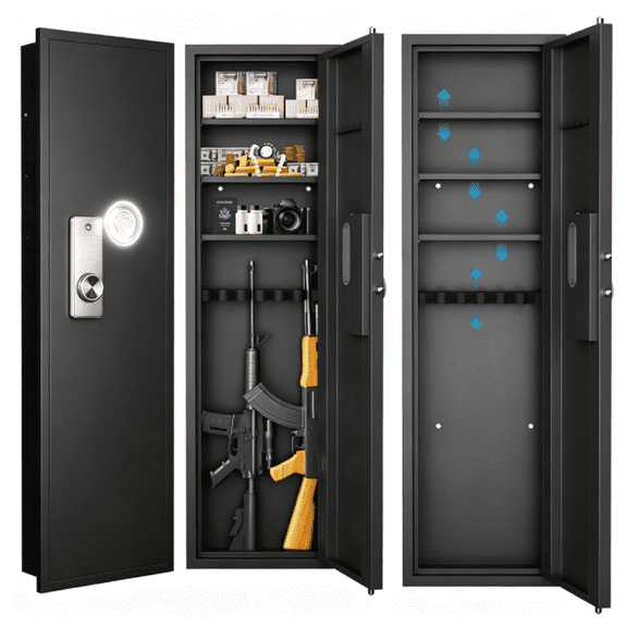 Fingerprint Wall Mounted Safe for Rifles, 53in Hidden Gun Storage Cabinet with Biometric Lock Digital Keypad and Adjustable Shelves, In Wall Firearm Cabinet for Bedroom Closet Office Garage