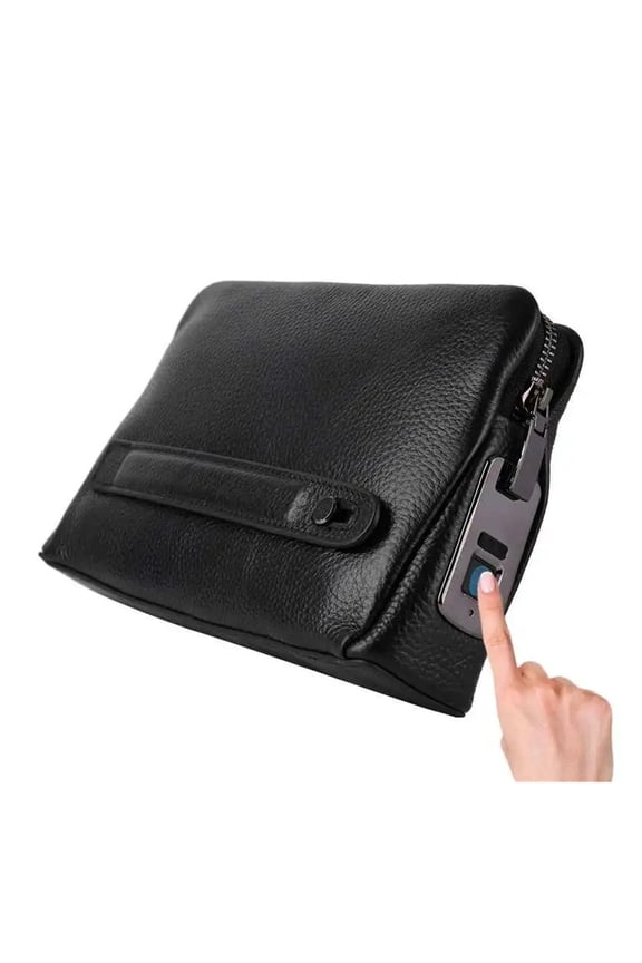 Fingerprint safes Men Zipper Leather Wallet Smart Fingerprint Security Anti Theft Handbag ,Compact Design