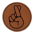thumbnail image 1 of Fingers Crossed Promise Hand Gesture 2.5" Faux Leather Round Engraved Iron-On Patch - Brown, 1 of 6