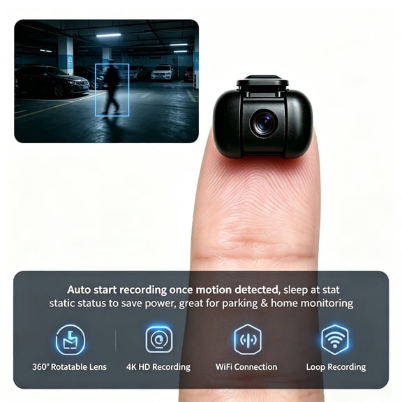 Fingertip Size Mini Portable Camera, 4K HD Tiny Video Recorder with 360 Rotatable Lens, WiFi Remote Access, Smart Motion Detection, Auto Recording, Loop Recording, Power Saving Mode for Parking & Ho