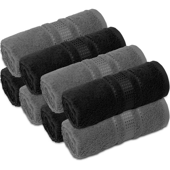 Fingertip Towels 8 Pack, 100% Turkish Cotton, Small Hand Towels for Body and Face, 12 x 18 in, Soft and Absorbent, Quick Dry, (Black-Dark Grey Fingertip Hand Towels)