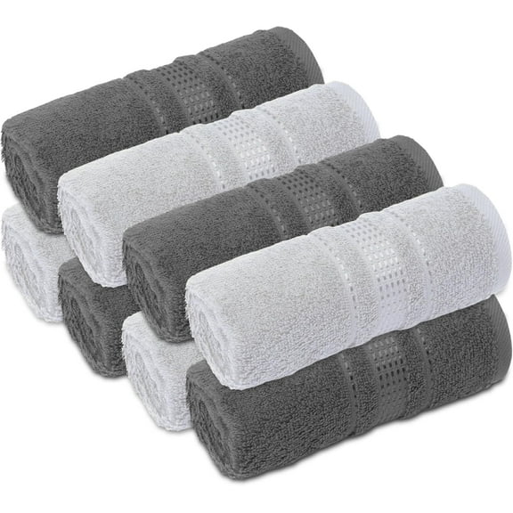 Fingertip Towels 8 Pack, 100% Turkish Cotton, Small Hand Towels for Body and Face, 12 x 18 in, Soft and Absorbent, Quick Dry, (Dark Grey-Silver Fingertip Hand Towels)