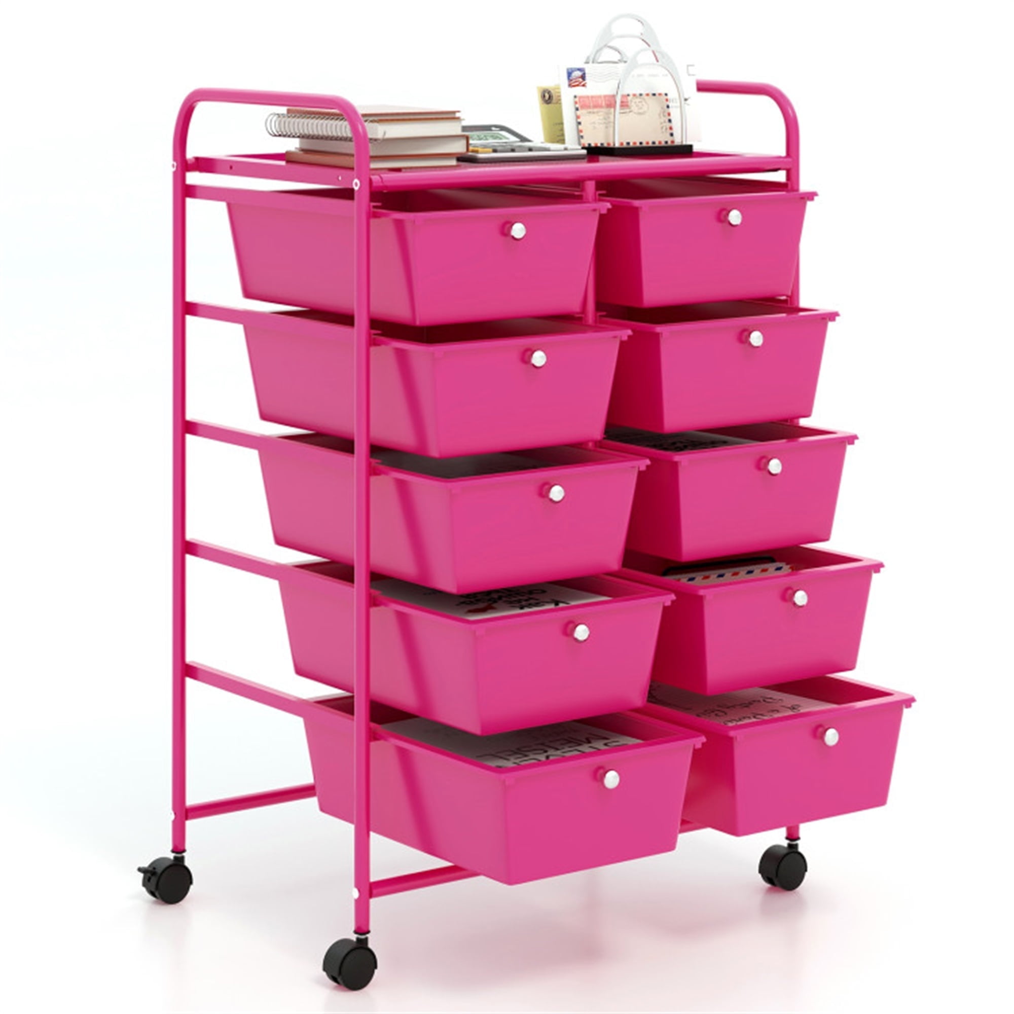 Demi Bonn 10-Drawer Rolling Storage Cart Multi-Use Storage Bin Organizer Rolling with 4 Universal Casters, Rose Red
