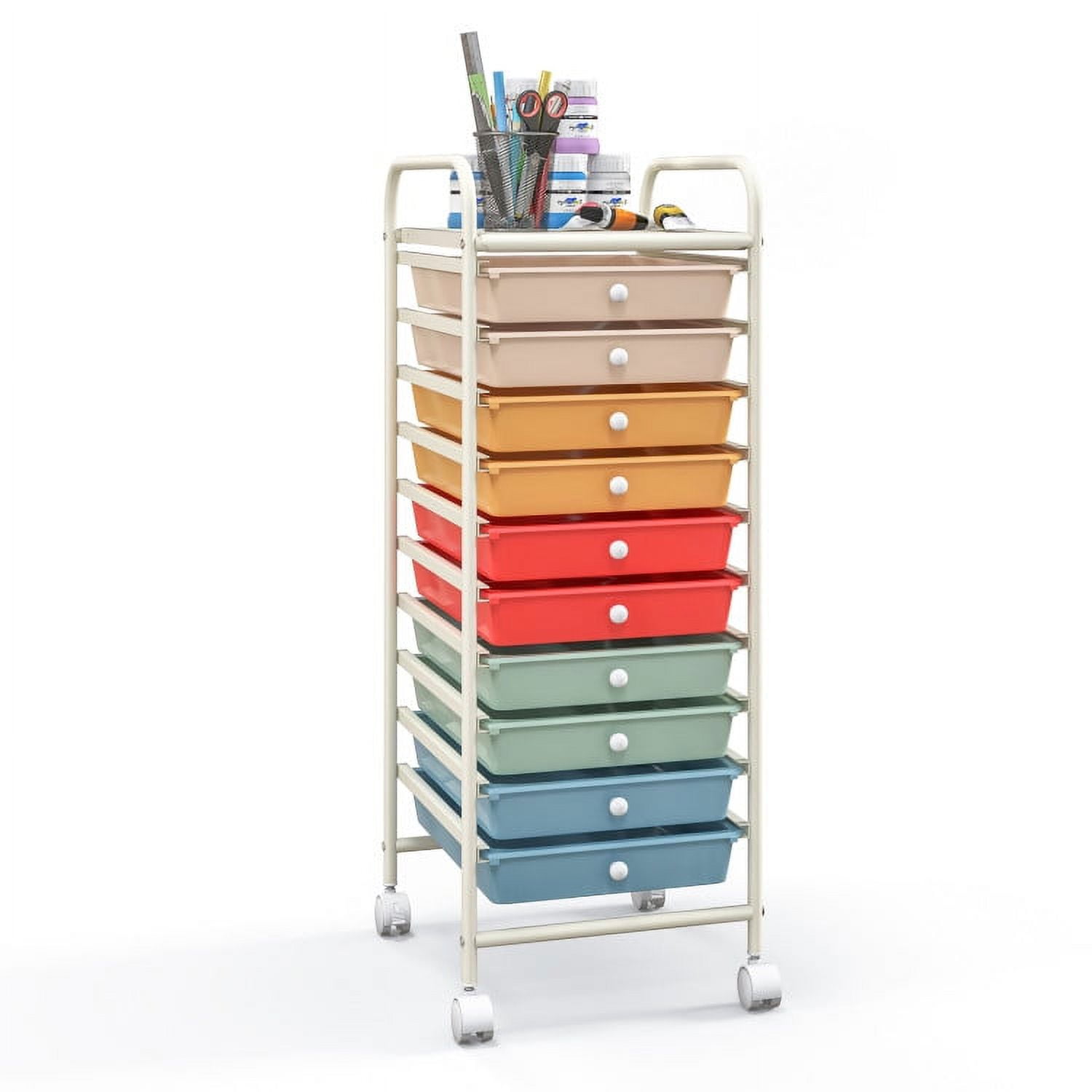 Finihen 10 Drawer Rolling Storage Cart Organizer with 4 Universal Casters, Macaron Multicolor